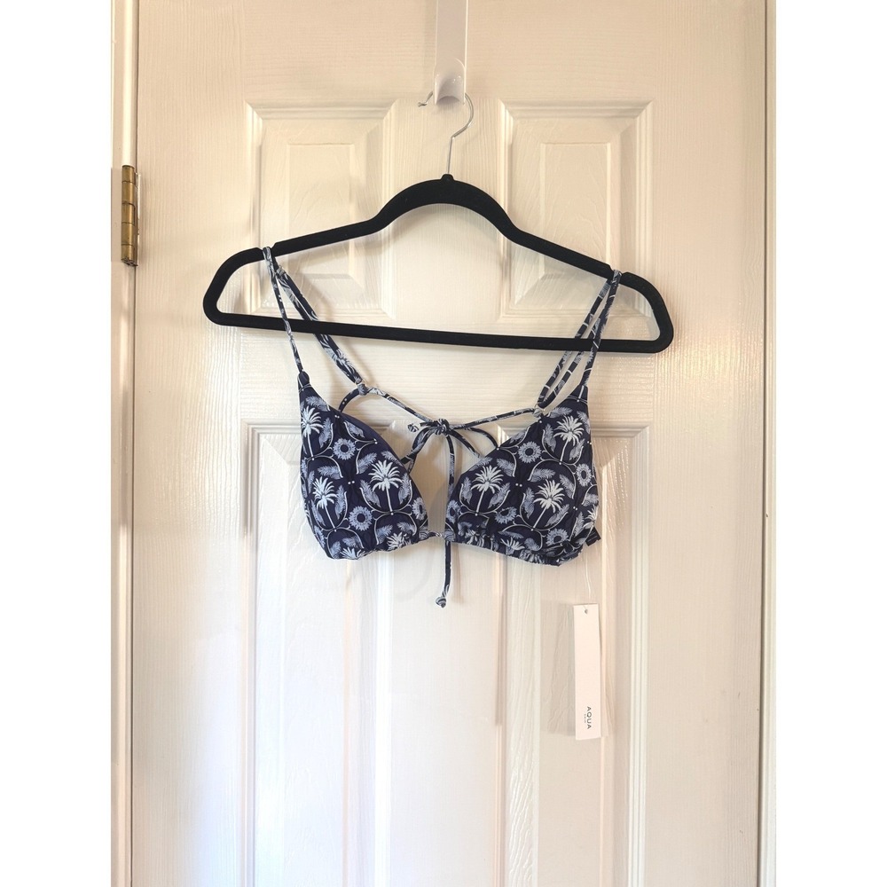 AQUA Navy Sky Blue Tropical Palm Triangle Bikini Top Bloomingdales XL